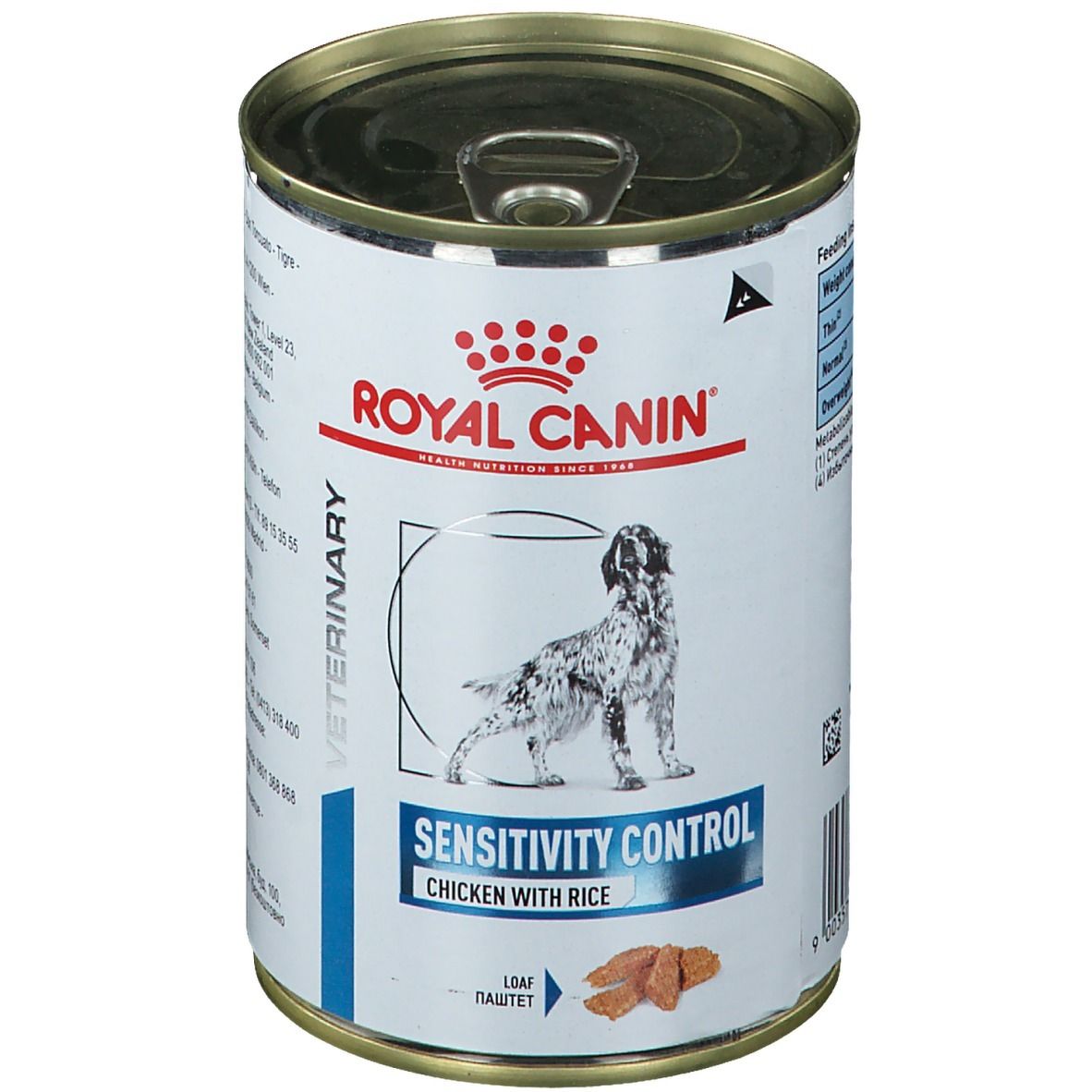 Dose Royal Canin Sensitivity Control Poulet. Aufschrift: Chicken with Rice. Abbildung eines Hundes.