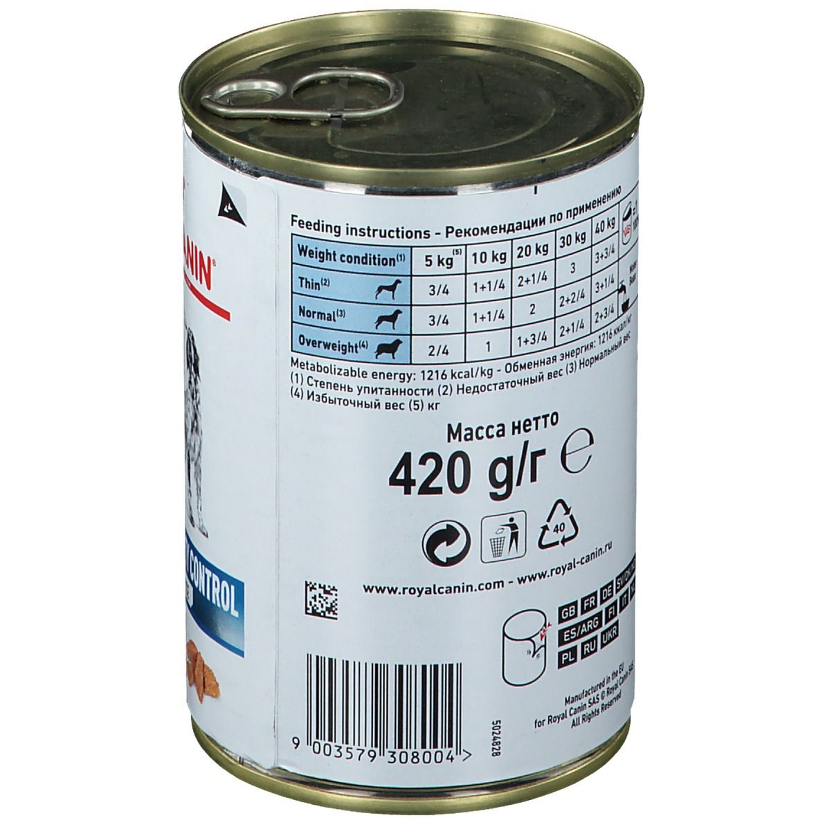 Rückseite der Dose Royal Canin Sensitivity Control Poulet. Angaben zu Fütterung und Inhaltsstoffen.