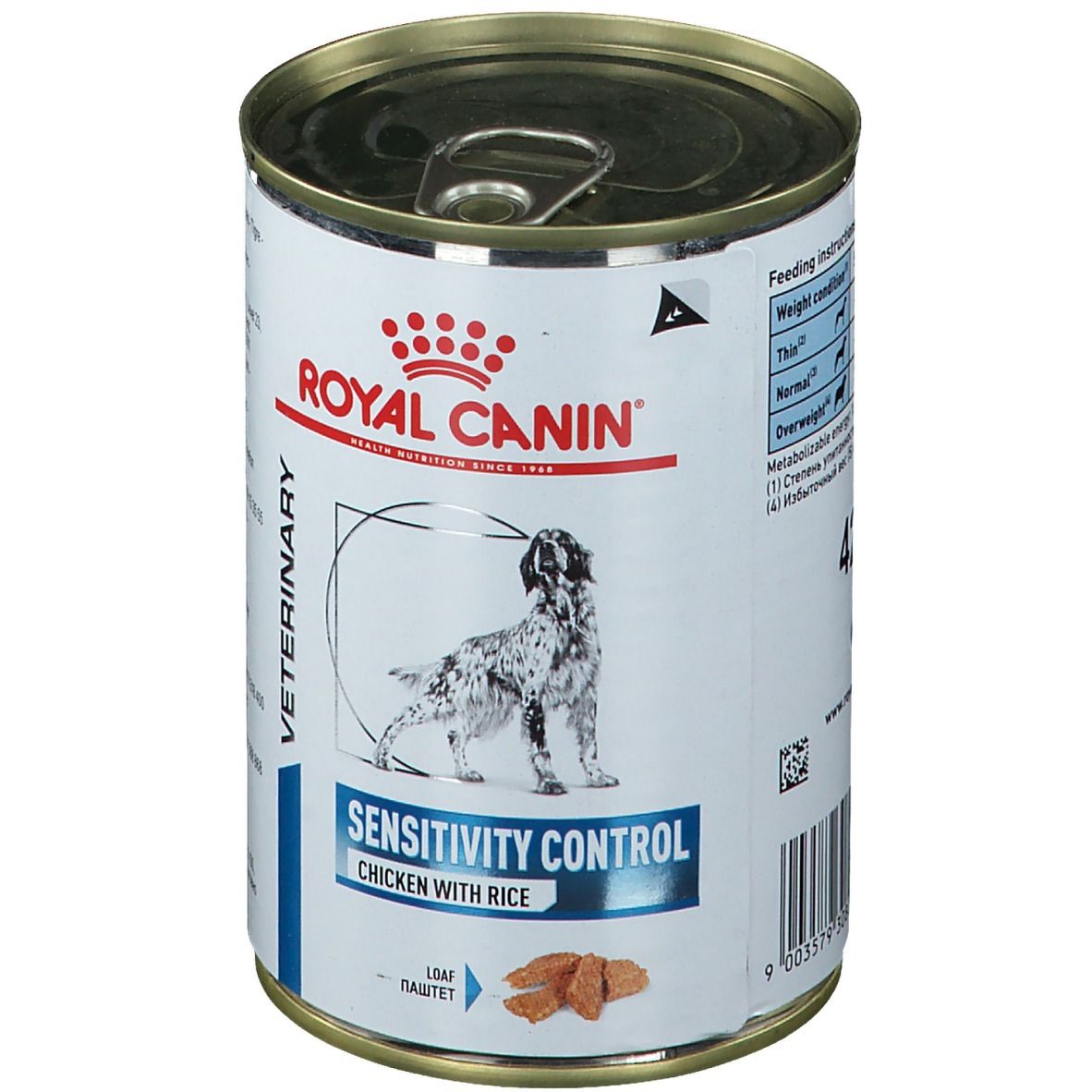 Dose Royal Canin Sensitivity Control Poulet. Aufschrift: Chicken with Rice. Abbildung eines Hundes.