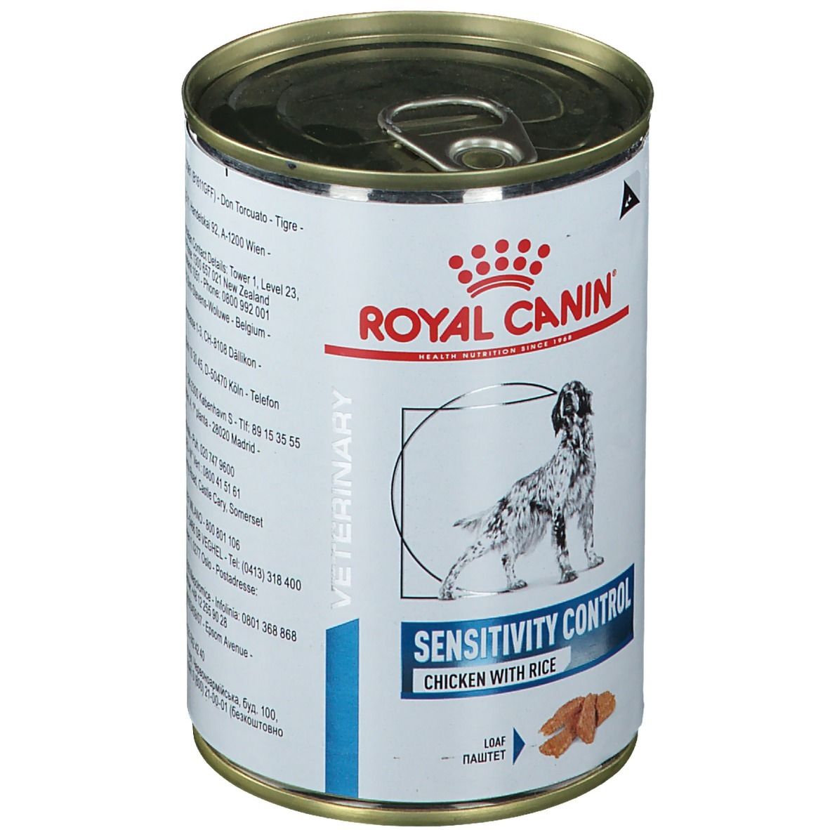 Dose Royal Canin Sensitivity Control Poulet. Aufschrift: Chicken with Rice. Abbildung eines Hundes.