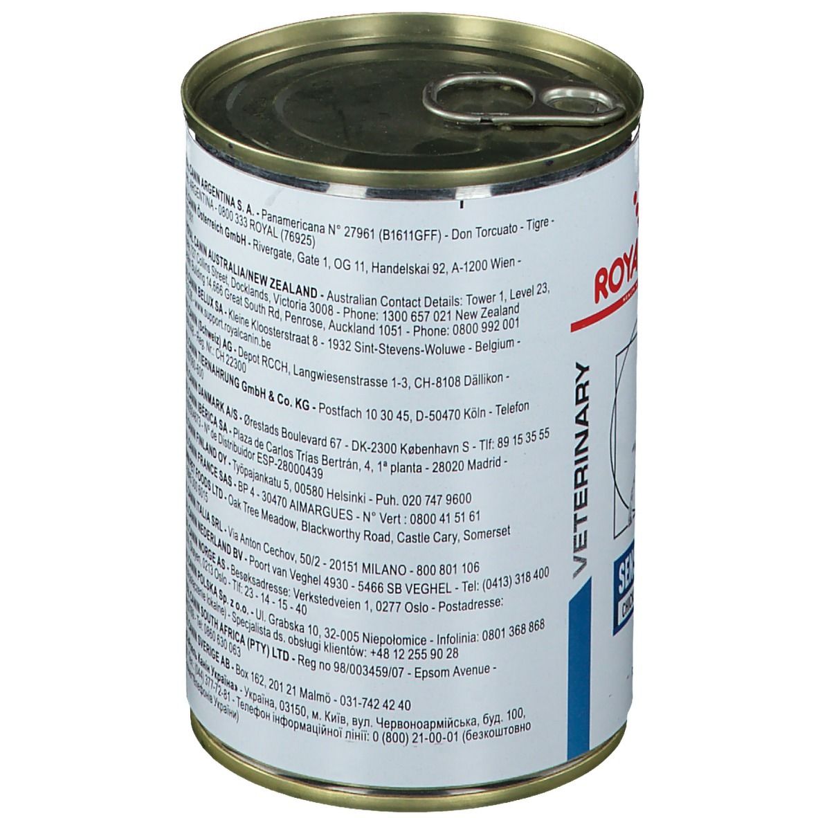 Rückseite der Dose Royal Canin Sensitivity Control Poulet. Adressen und Kontaktinformationen.