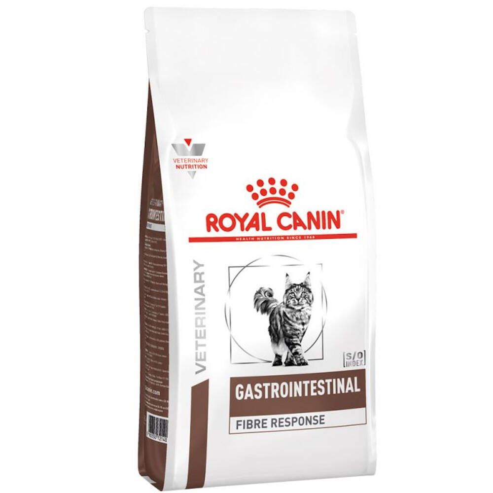 Sac ROYAL CANIN GASTRO INTESTINAL Feline. Blanc, accents marron. Logo, chat, texte: GASTROINTESTINAL, FIBRE RESPONSE.