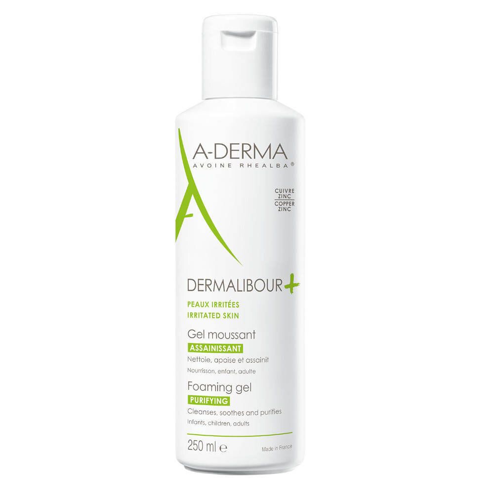 Flacon blanc A-DERMA Dermalibour+ avec logo vert. Gel moussant pour peaux irritées. Inscription 250 ml.