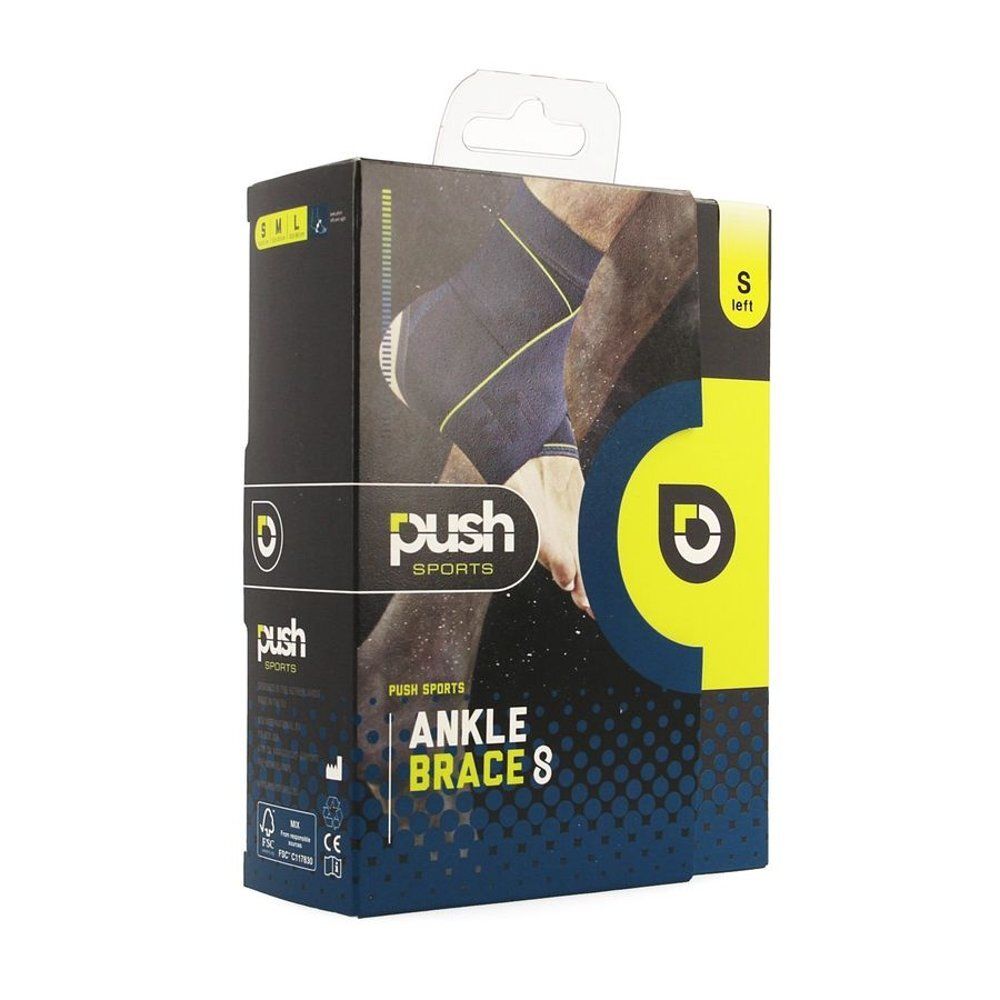 Boîte de l'attelle de cheville. Noir, jaune et bleu. "Push Sports" et "Ankle Brace S" sont visibles.