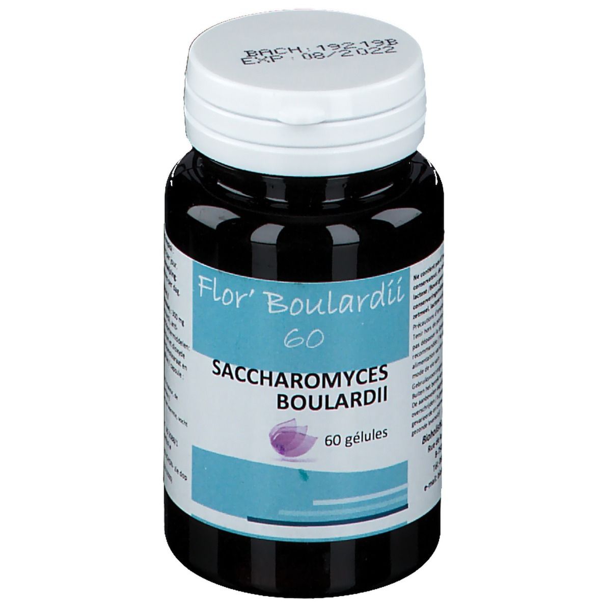 Flacon foncé avec bouchon blanc. Inscription: Flor' Boulardii 60, Saccharomyces boulardii, 60 gélules. Date de péremption.