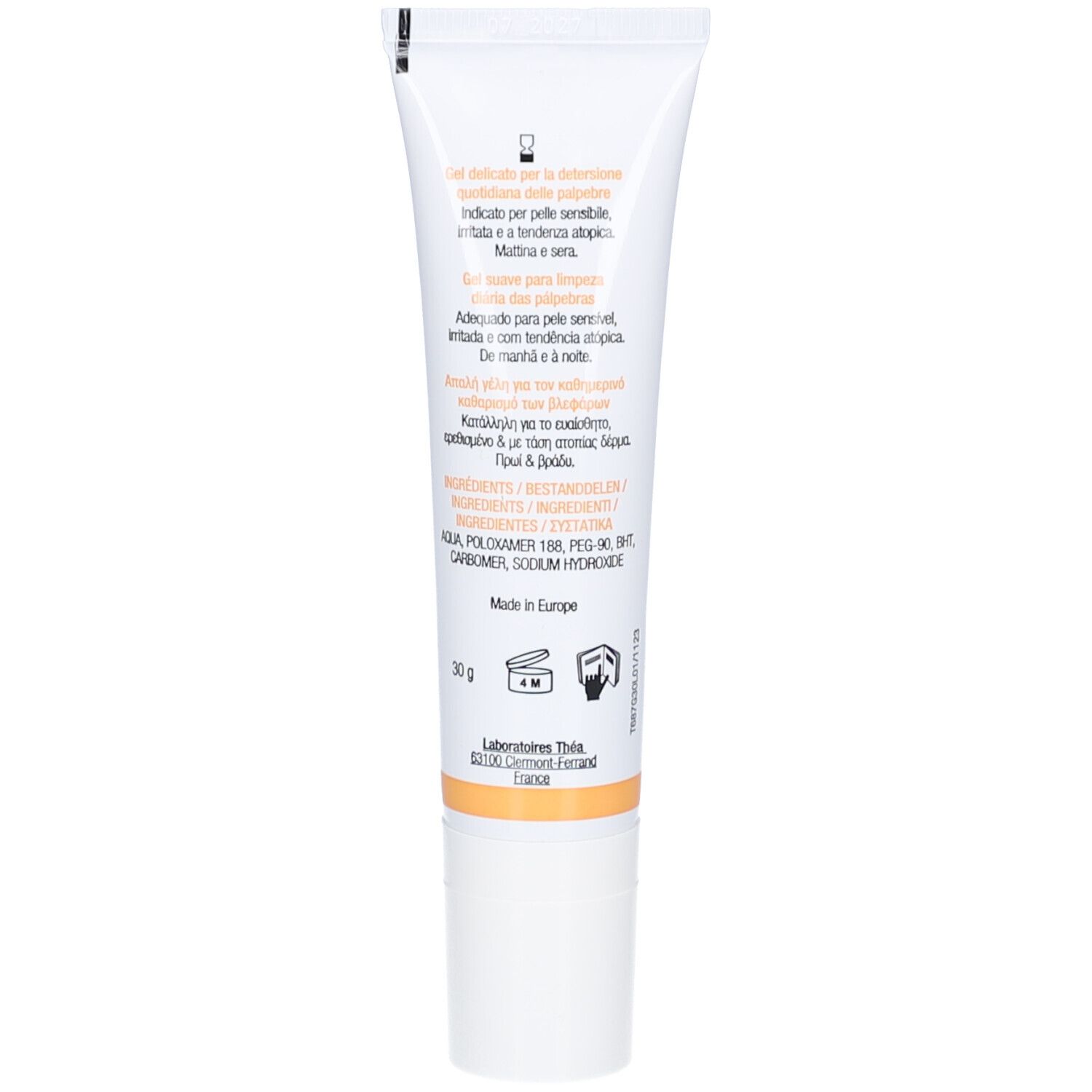 Rückseite der Tube. Inhaltsstoffe und Informationen in mehreren Sprachen. Marke: Théa.