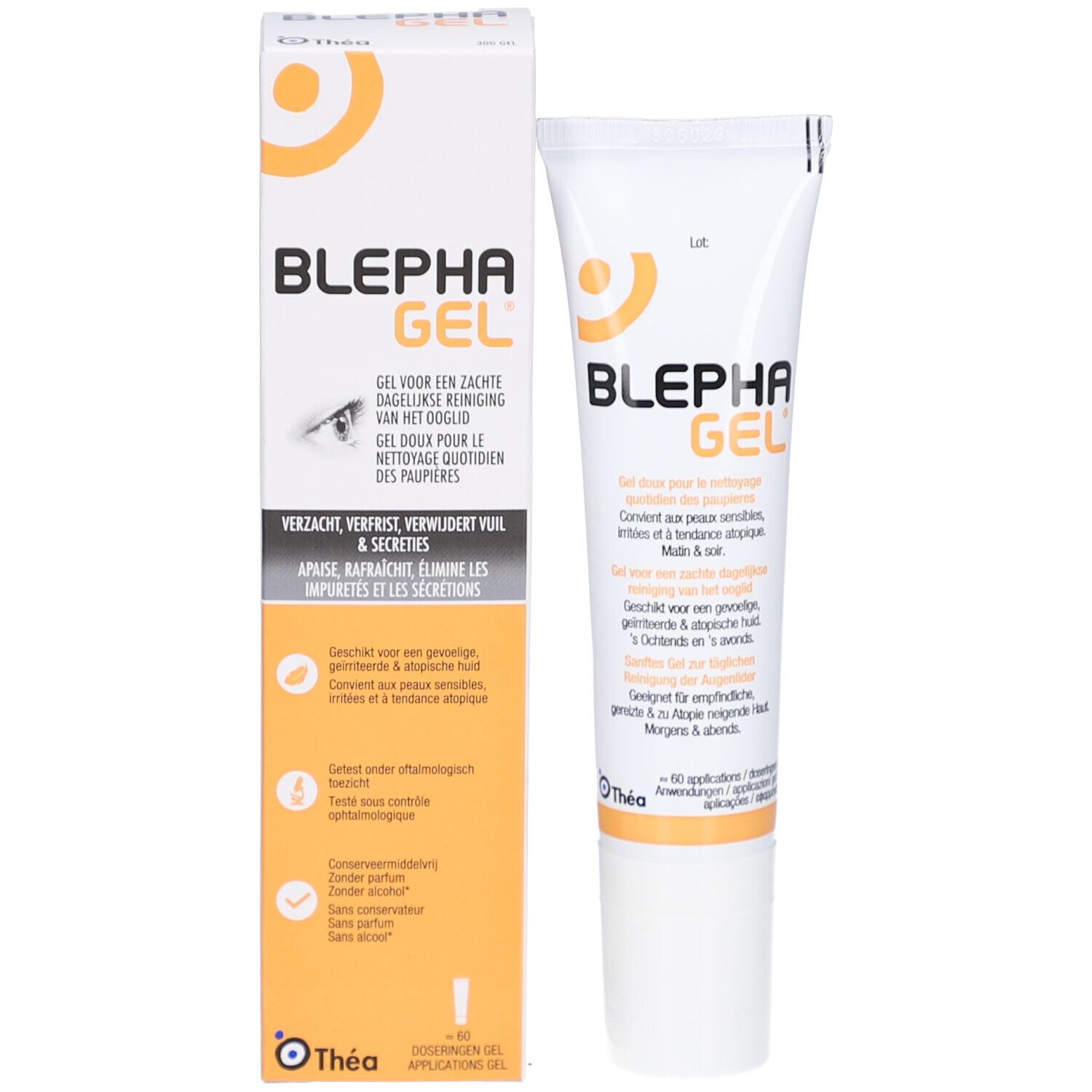 Blephagel Gel und Verpackung. Tube und Schachtel. Orangefarbenes Logo. Marke: Théa.