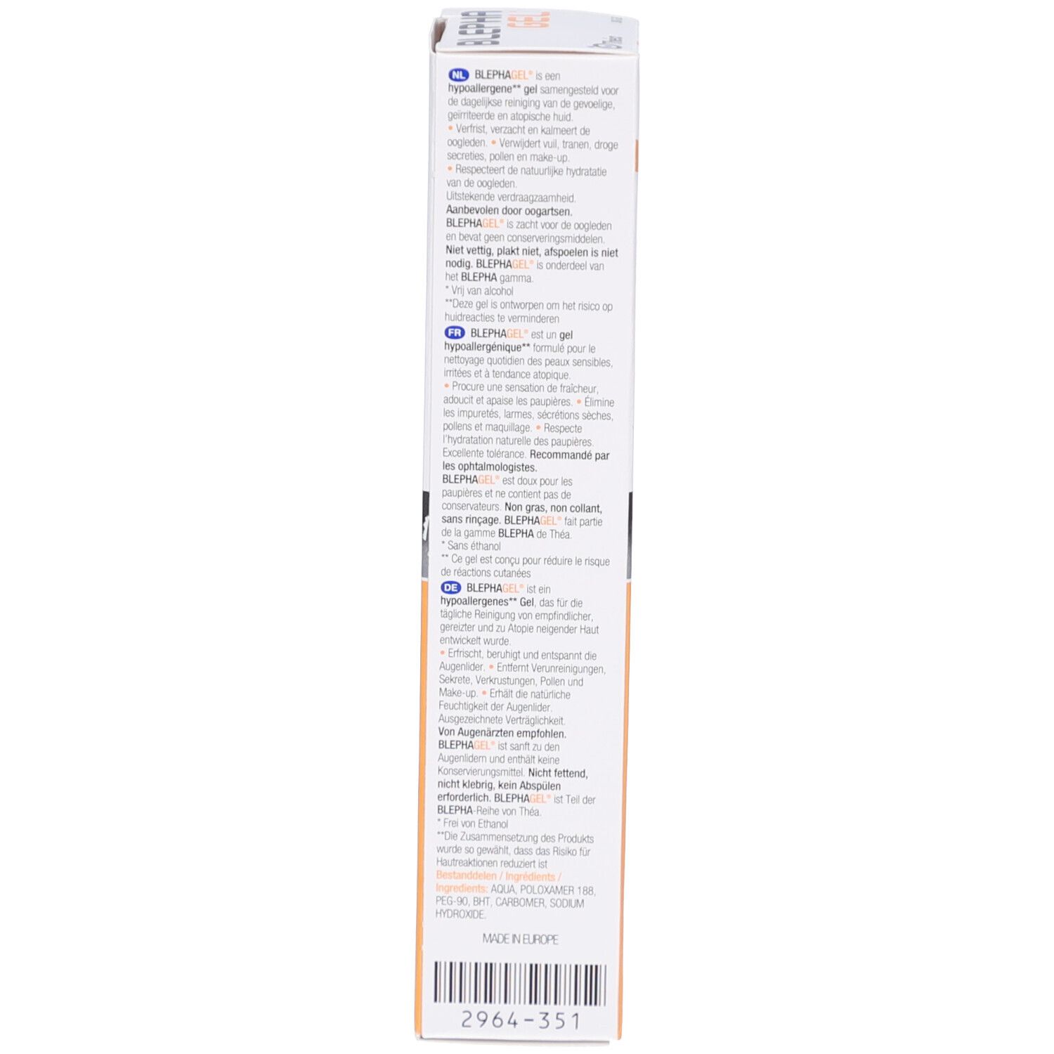 Rückseite der Blephagel Gel-Verpackung. Text in mehreren Sprachen. Marke: Théa.