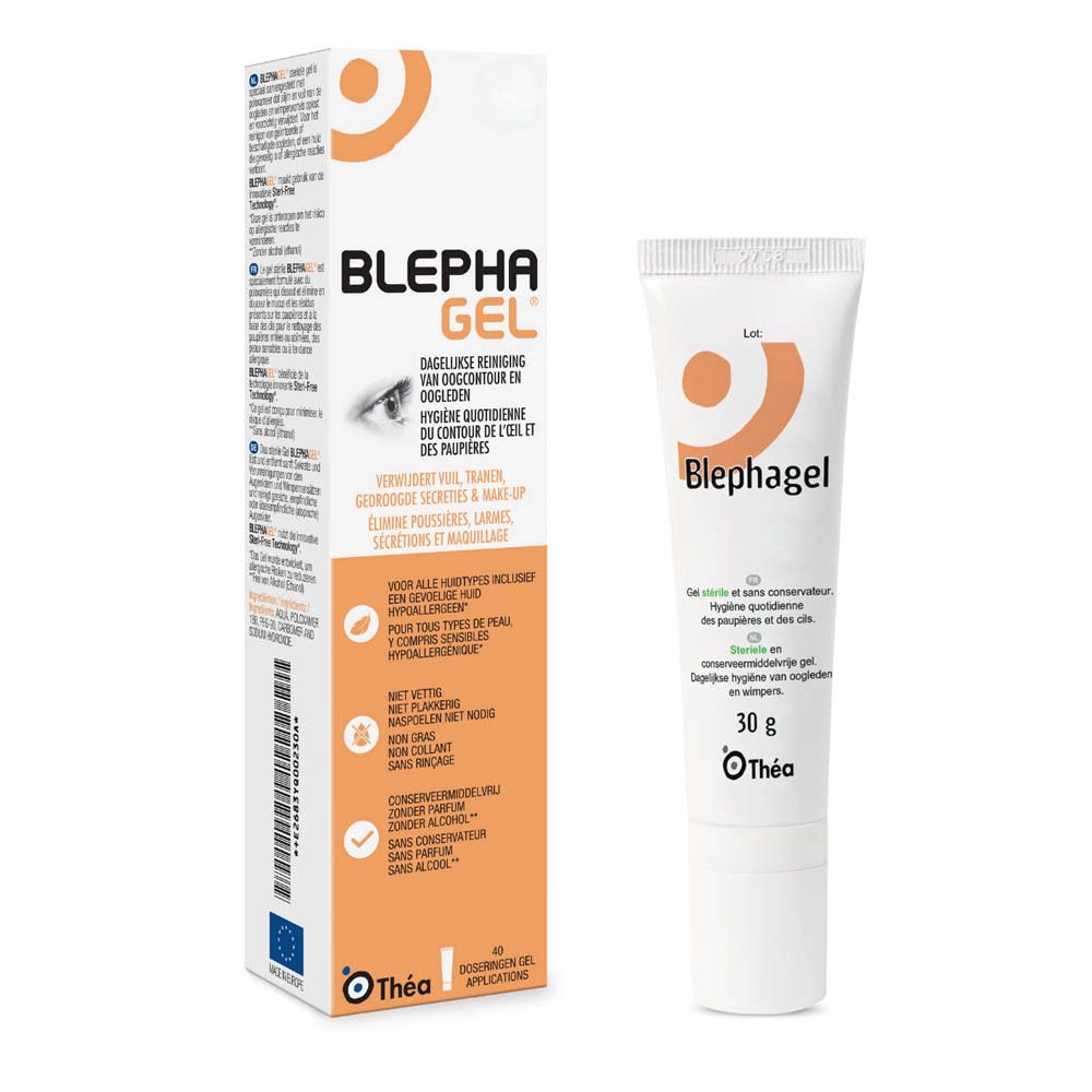 Blephagel Gel et emballage. Tube et boîte. Marque : Théa. Logo orange.