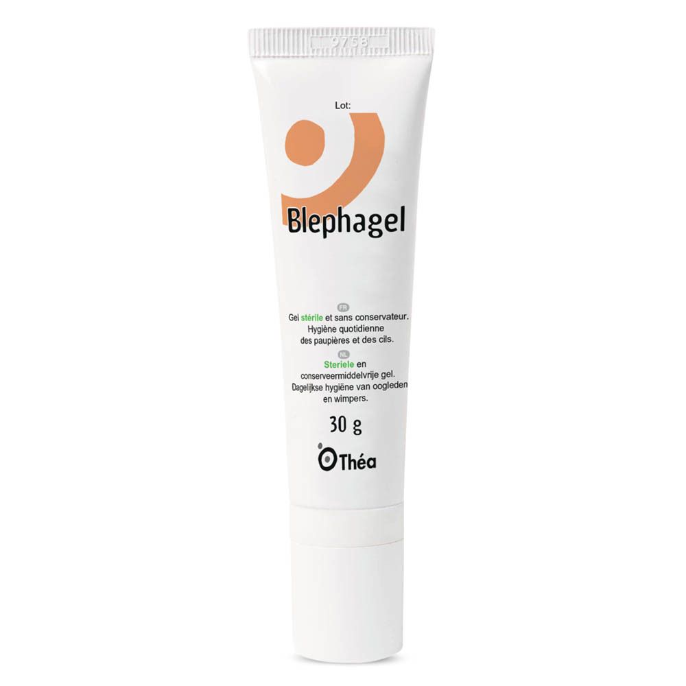 Tube blanc avec Blephagel. Logo orange. 30 g. Marque : Théa.