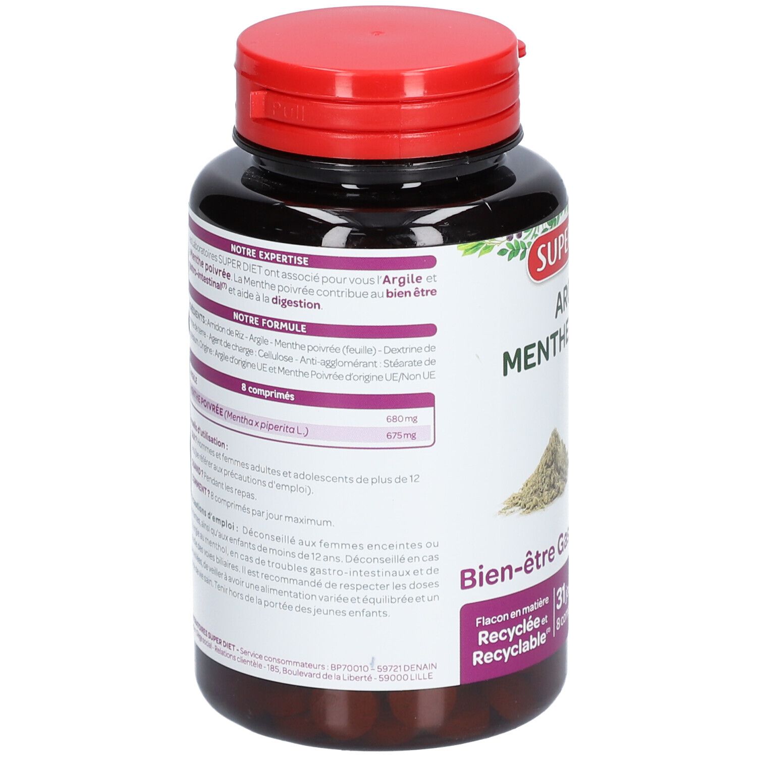 Runde, schwarze Flasche mit rotem Deckel. Rückseite mit Text. Aufschrift: SUPER DIET Argile Menthe poivrée. 31 Tage.