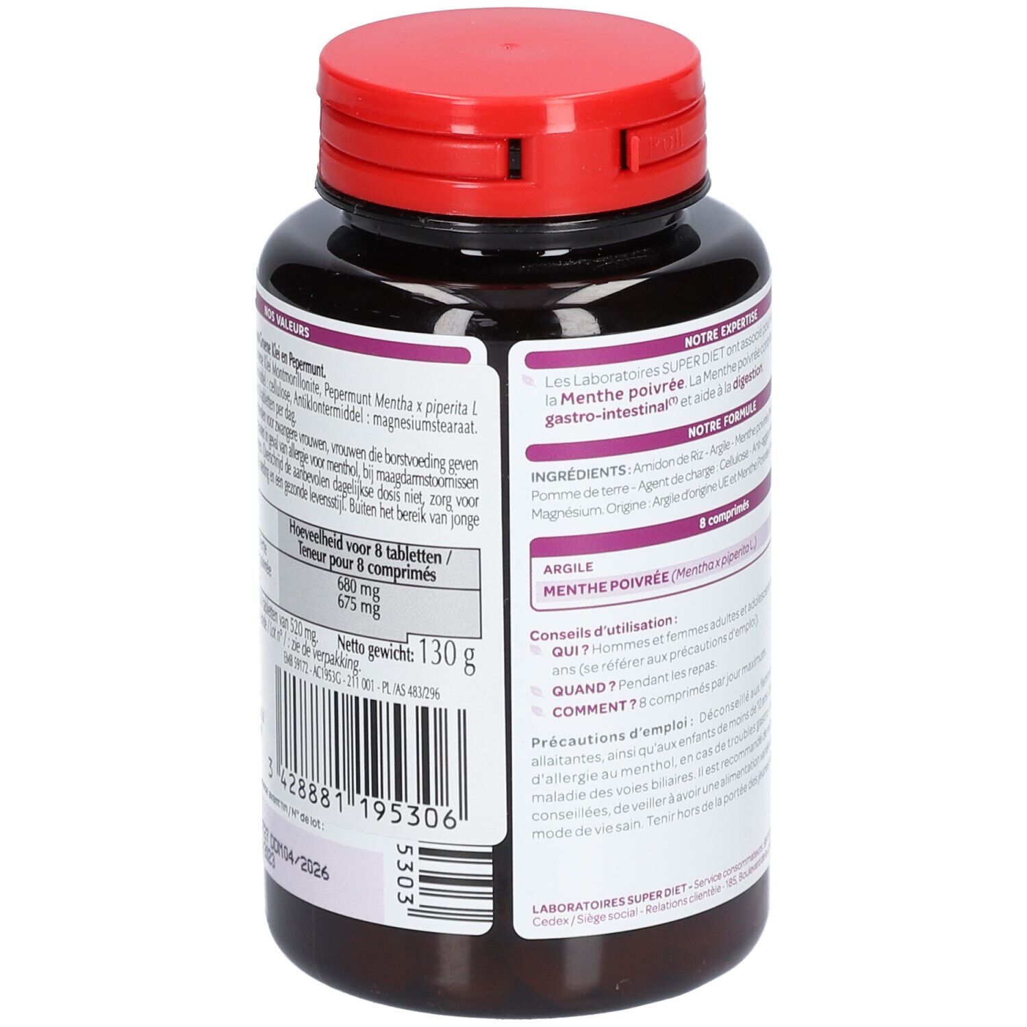 Runde, schwarze Flasche mit rotem Deckel. Rückseite mit Text. Aufschrift: SUPER DIET Argile Menthe poivrée. 31 Tage.