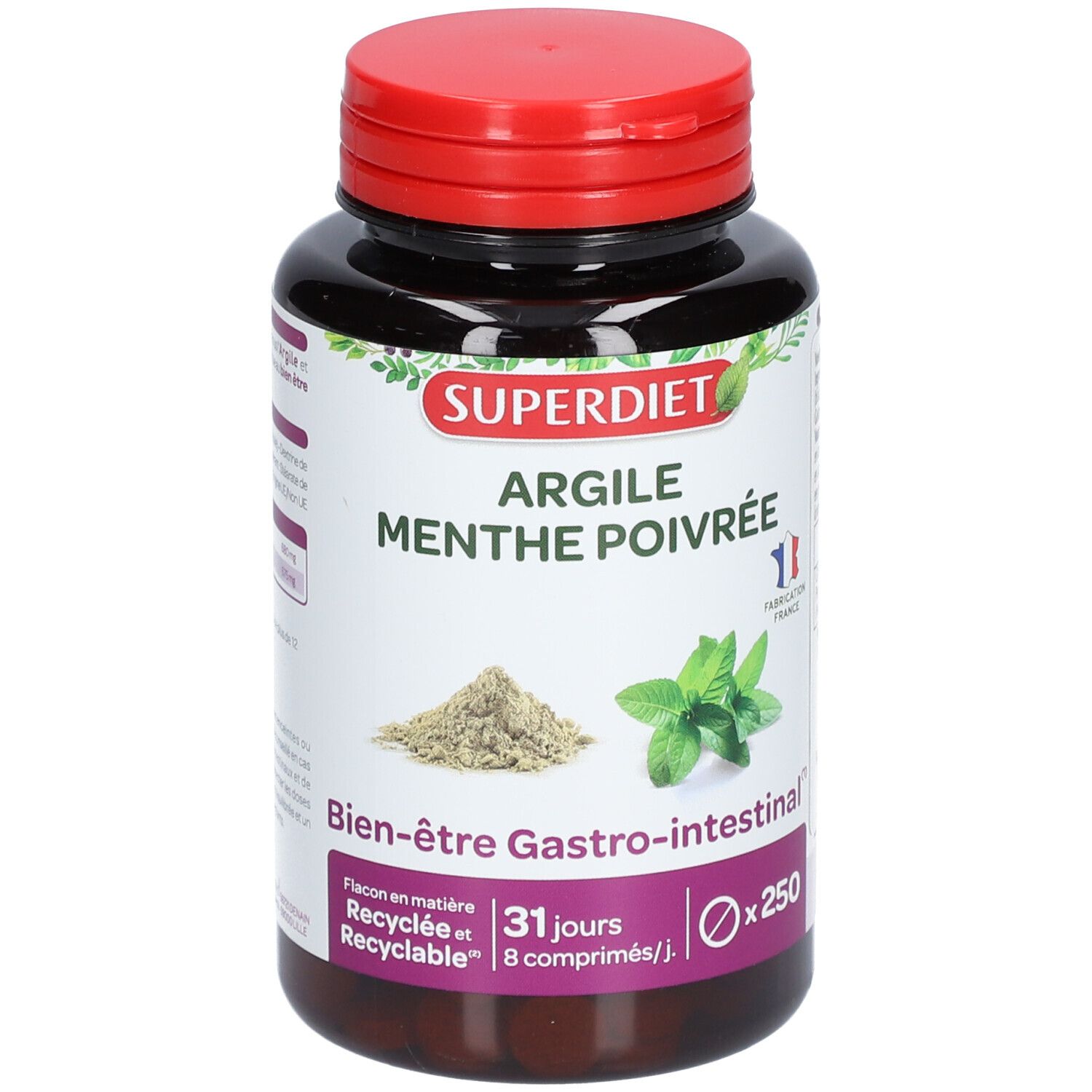 Runde, schwarze Flasche mit rotem Deckel. Aufschrift: SUPER DIET Argile Menthe poivrée. 250 Tabletten. 31 Tage.