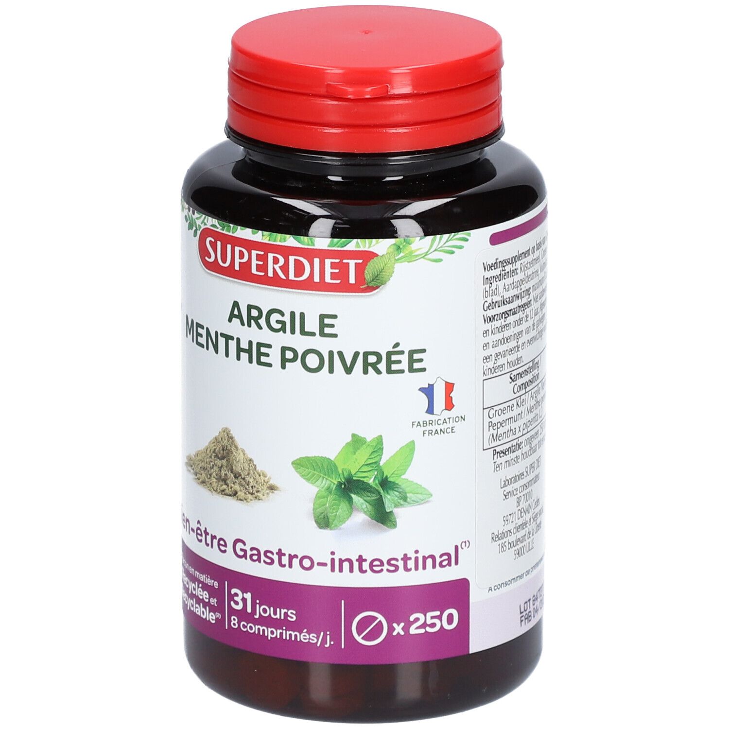 Runde, schwarze Flasche mit rotem Deckel. Aufschrift: SUPER DIET Argile Menthe poivrée. 250 Tabletten. 31 Tage.