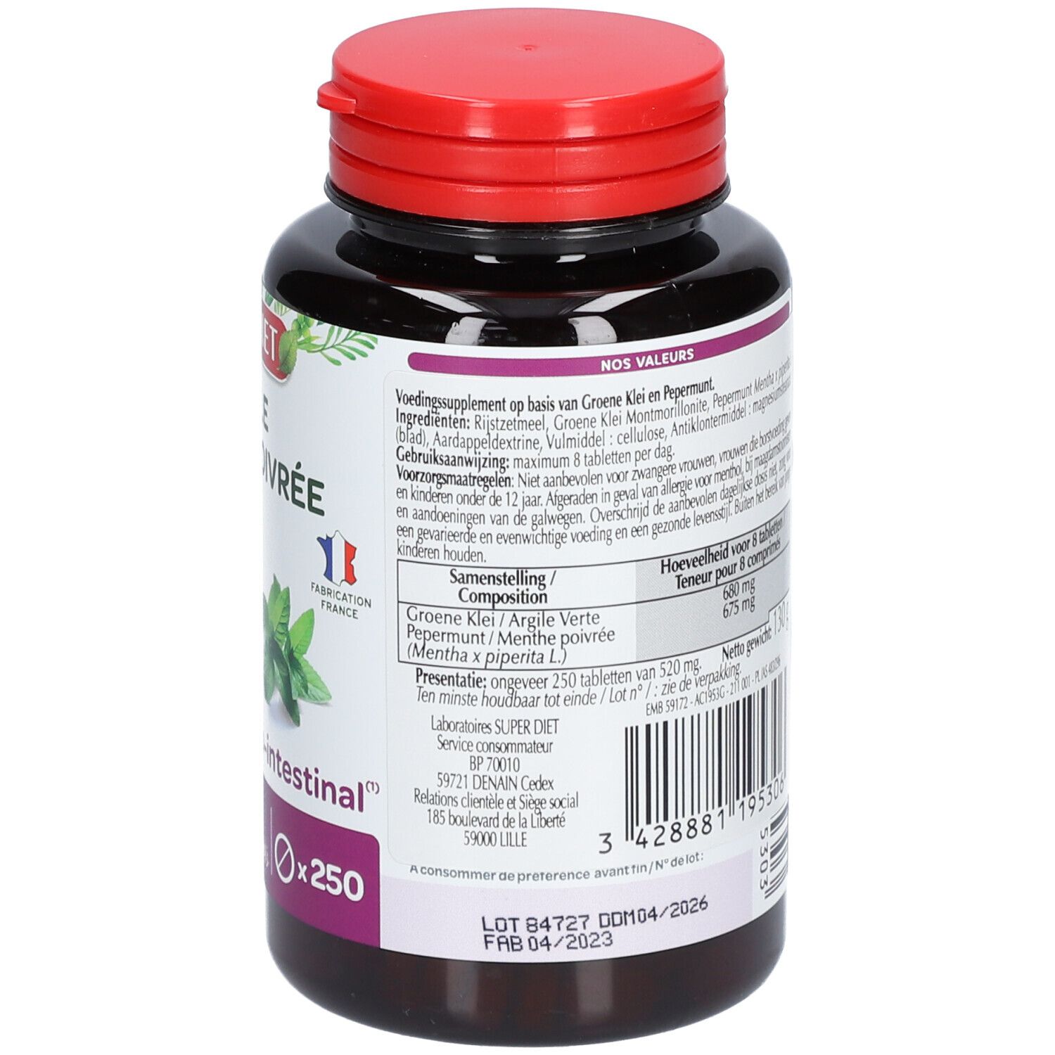 Runde, schwarze Flasche mit rotem Deckel. Rückseite mit Text. Aufschrift: SUPER DIET Argile Menthe poivrée. 250 Tabletten.