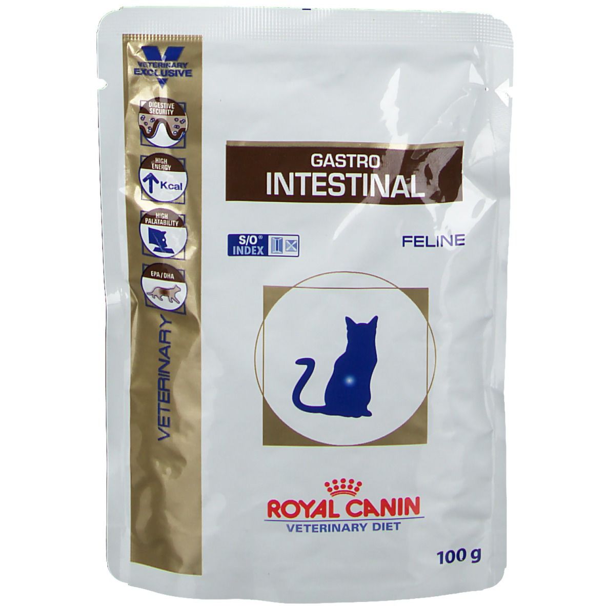 Beutel mit Aufschrift "Gastro Intestinal Feline". Logo: Katze. 100 g.