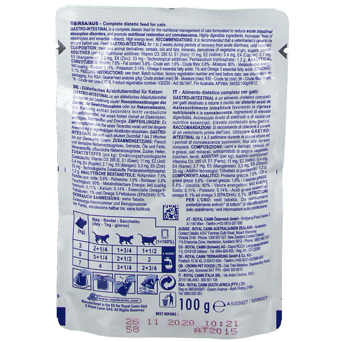 Rückseite der Verpackung. Text in mehreren Sprachen. Logo: Katze. 100 g.