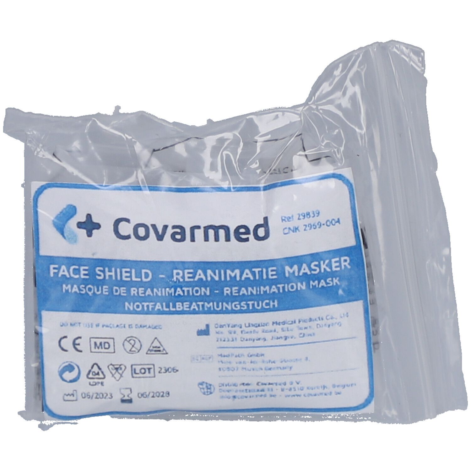 Masque de réanimation en emballage transparent. Étiquette avec informations produit, logo Covarmed et marquage CE.