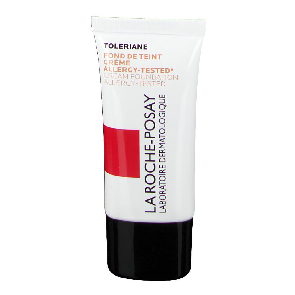 Weiße Tube mit schwarzem Deckel. Roter Streifen und Schriftzug: LA ROCHE-POSAY. Produktname: Toleriane Fond de Teint Creme.