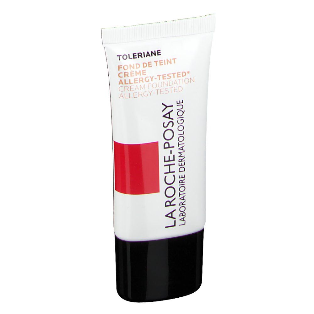 Weiße Tube mit schwarzem Deckel. Roter Streifen und Schriftzug: LA ROCHE-POSAY. Produktname: Toleriane Fond de Teint Creme.