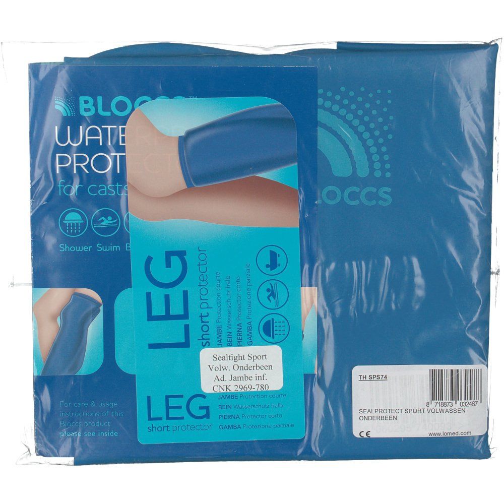 Blauer Bein-Kurzprotektor in Verpackung. Text: 'LEG short protection'.