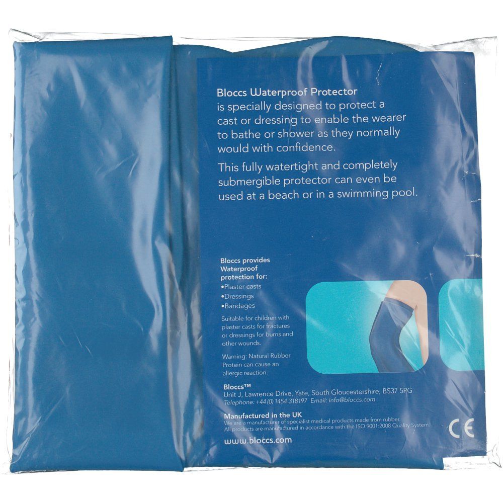 Blaue Bein-Kurzprotektor-Verpackung. Text: 'Bloccs Waterproof Protector'.