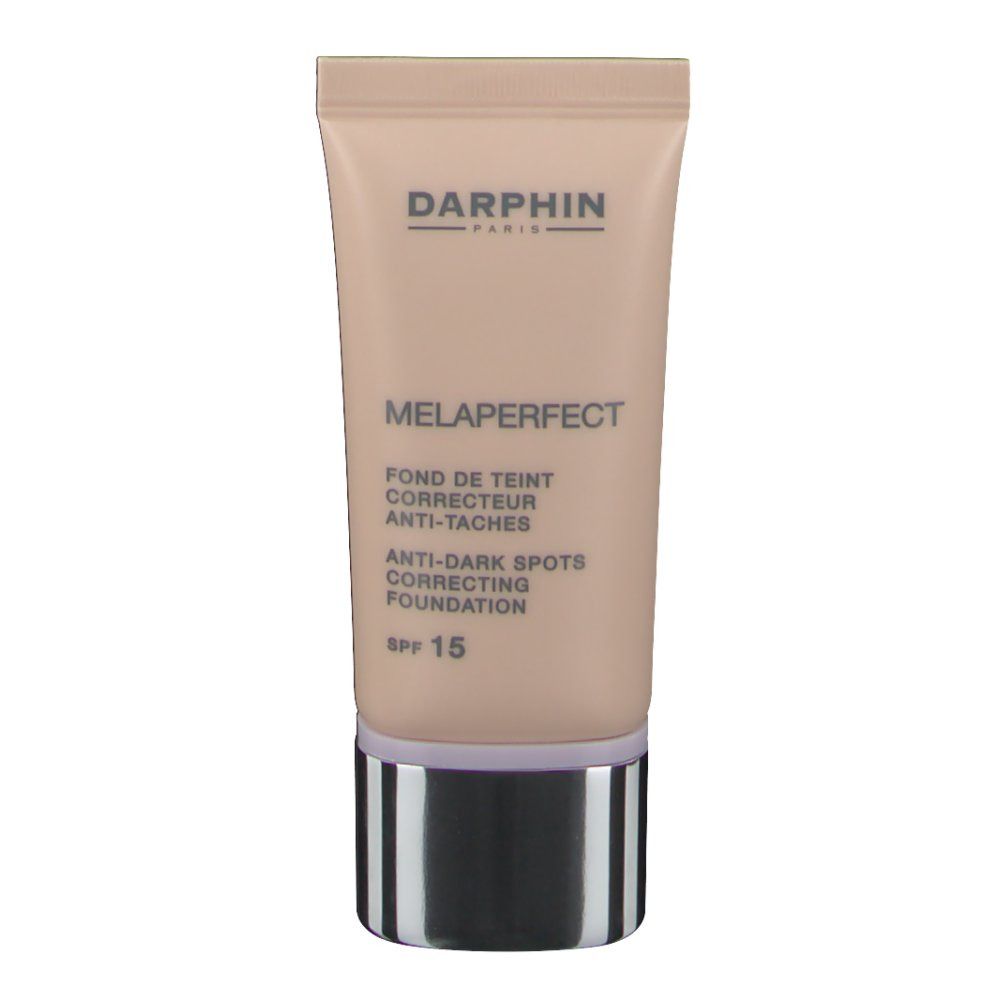 Darphin Melaperfect Fond De Teint Correcteur Ivoire SPF 15. Tube de fond de teint rose, bouchon argenté. Texte sur le tube.