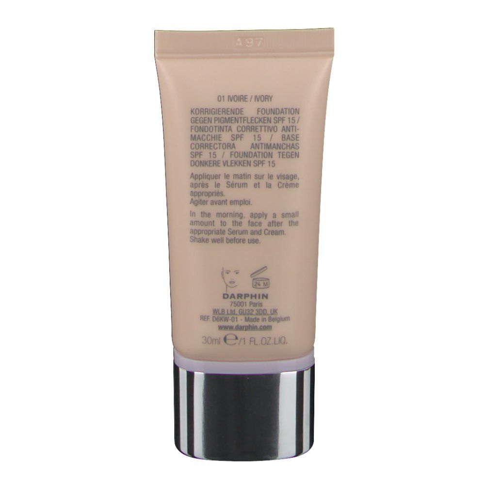 Darphin Melaperfect Fond De Teint Correcteur Ivoire SPF 15. Dos du tube avec texte. Teinte : 01 Ivoire/Ivory.