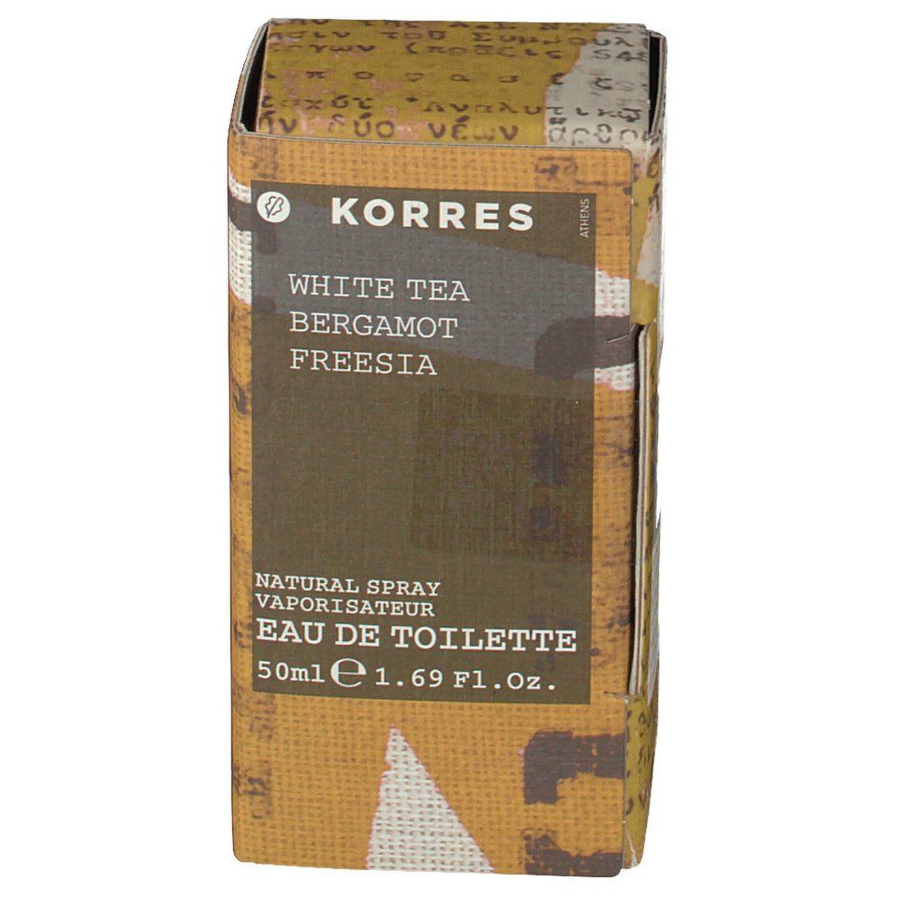 KORRES Eau de toilette White Tea. Kartonverpackung. Aufschrift: White Tea, Bergamotte, Freesie. Natural Spray, Eau de Toilette.