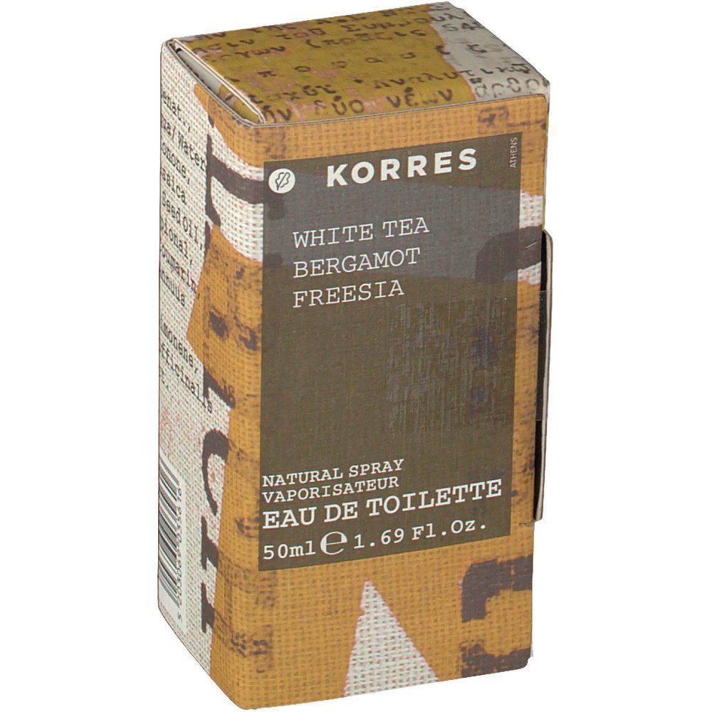 KORRES Eau de toilette White Tea. Kartonverpackung. Aufschrift: White Tea, Bergamotte, Freesie. Natural Spray, Eau de Toilette.