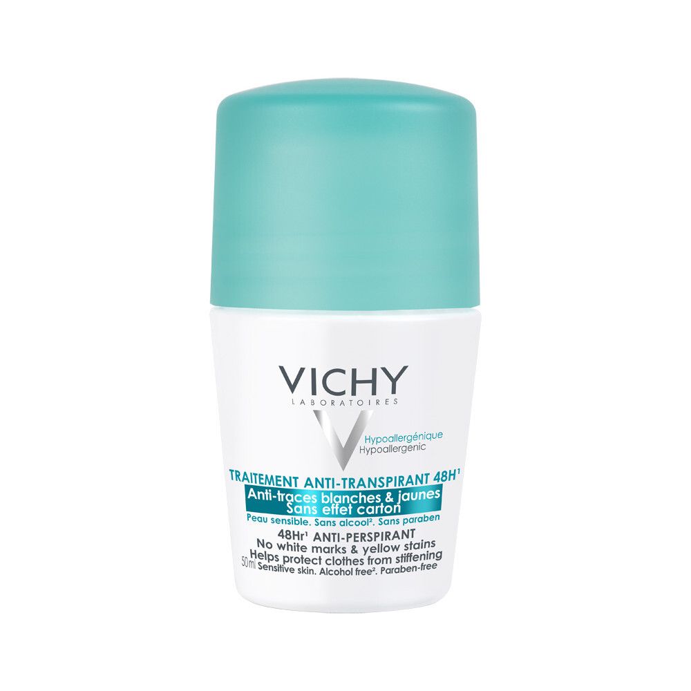 VICHY Bille Anti-Transpirant 48H, Anti-Traces Jaune Et Blanches, Sans Effet Carton
