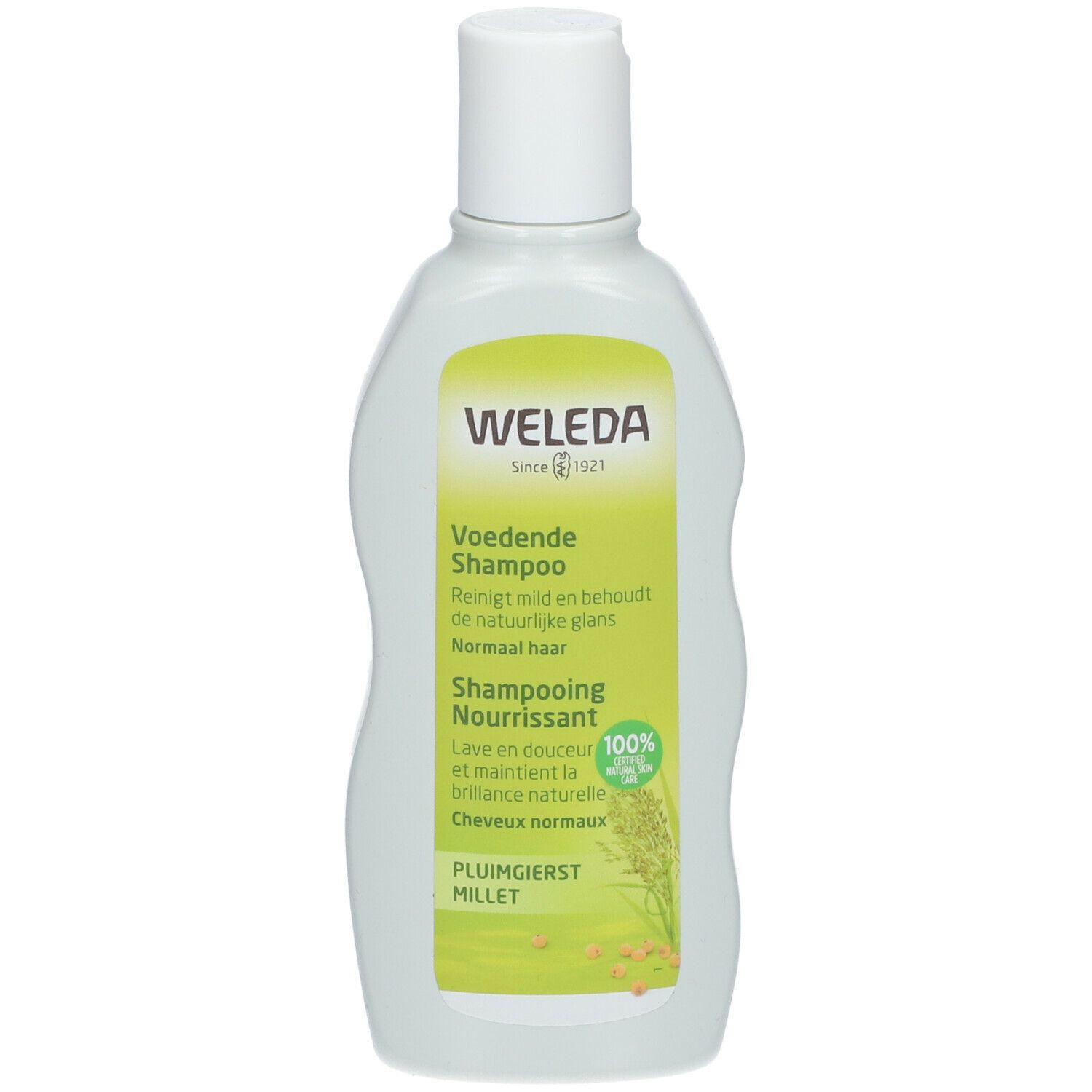 Weleda-Shampoo-Flasche. Grün-weißes Etikett mit Produktinformationen. Flasche mit weißem Verschluss.