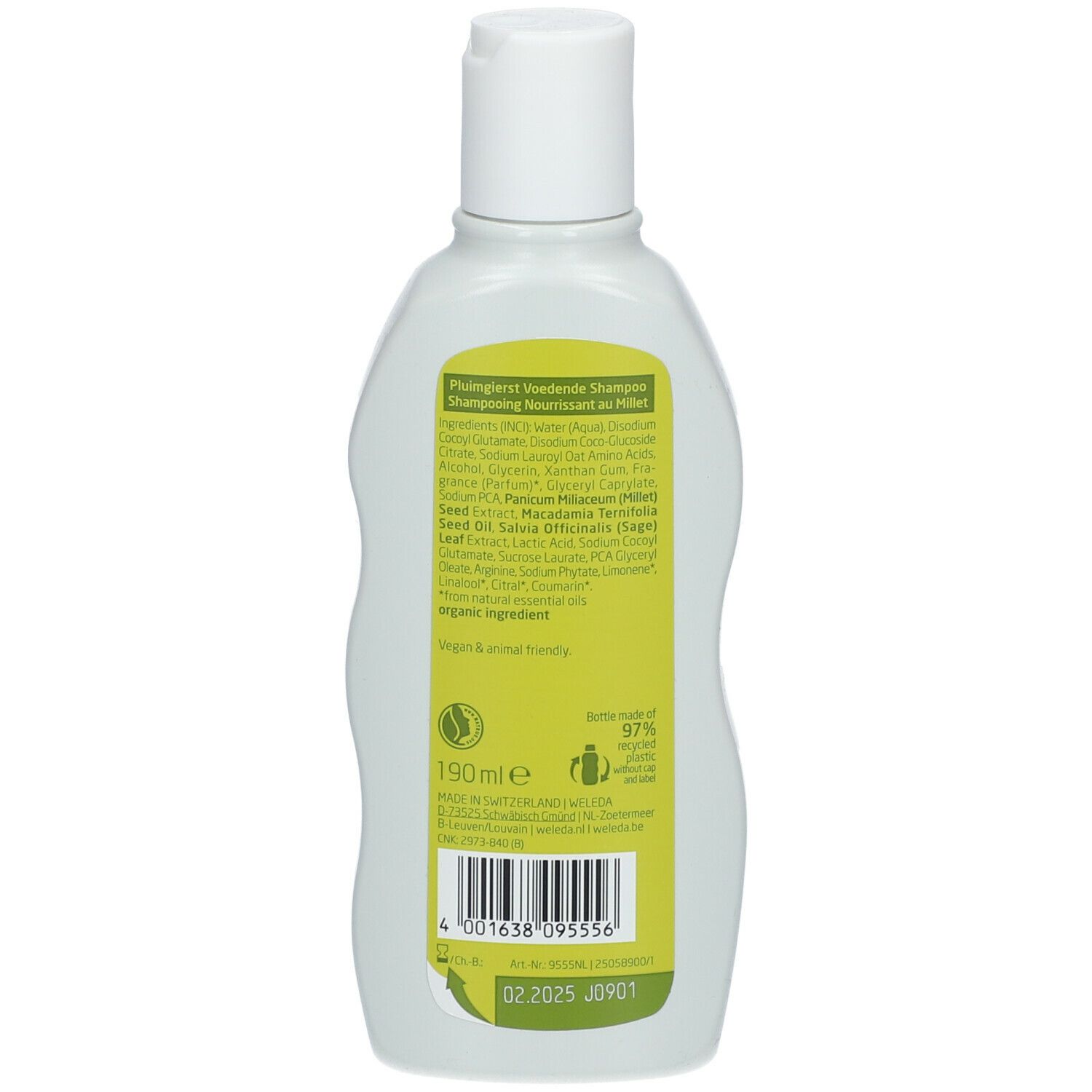 Rückseite der Weleda-Shampoo-Flasche. Etikett mit Inhaltsstoffen und Informationen. 190 ml.