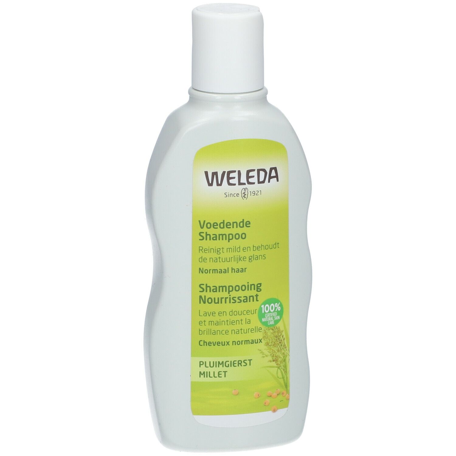 Weleda-Shampoo-Flasche. Grün-weißes Etikett mit Produktinformationen. Flasche mit weißem Verschluss.