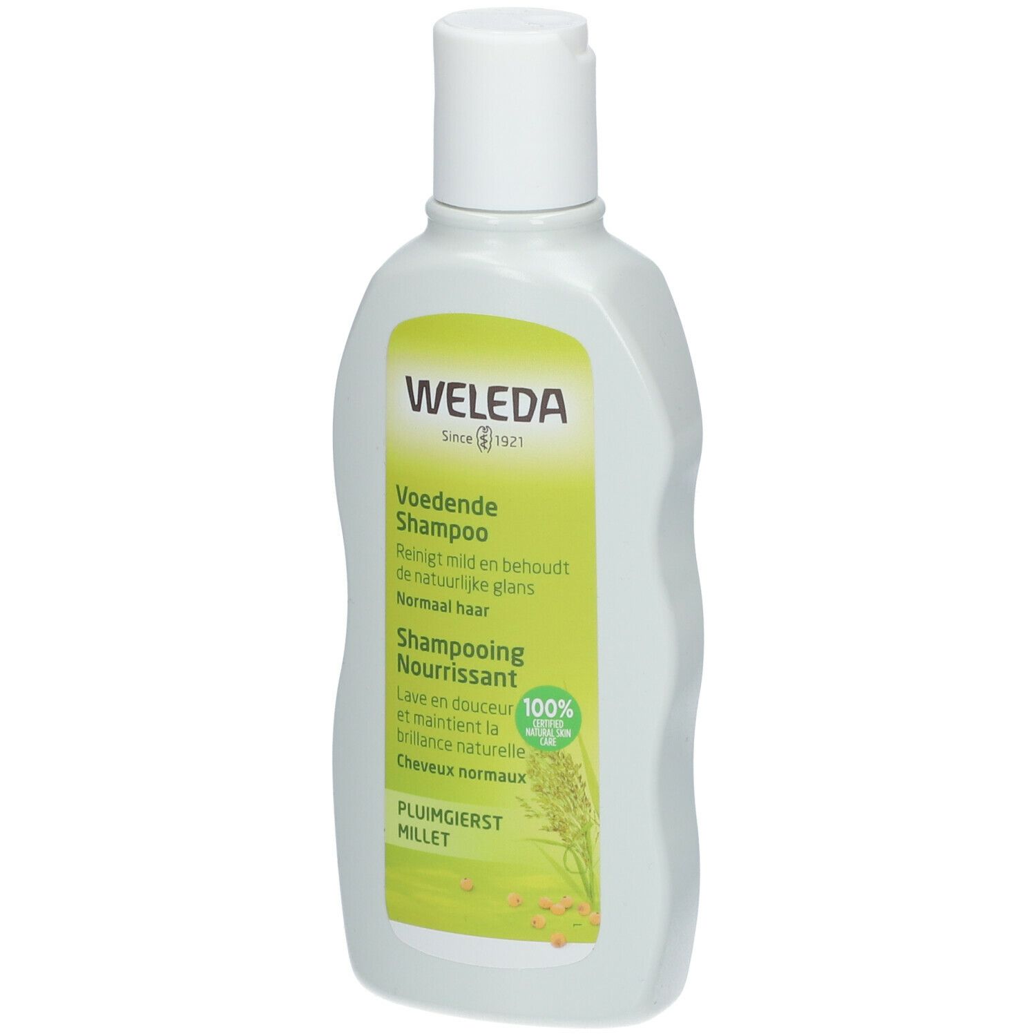 Weleda-Shampoo-Flasche. Grün-weißes Etikett mit Produktinformationen. Flasche mit weißem Verschluss.