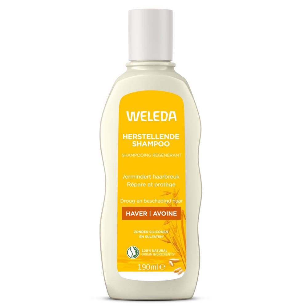 Weleda Shampoo-Flasche, weiß mit gelbem Etikett. Text: Herstellendes Shampoo, Hafer, für trockenes, geschädigtes Haar.