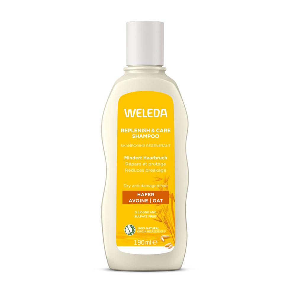 Weleda Shampoo Réparateur à l'Avoine. Bouteille blanche, étiquette jaune. Texte: Replenish & Care Shampoo, Avoine, 190ml.