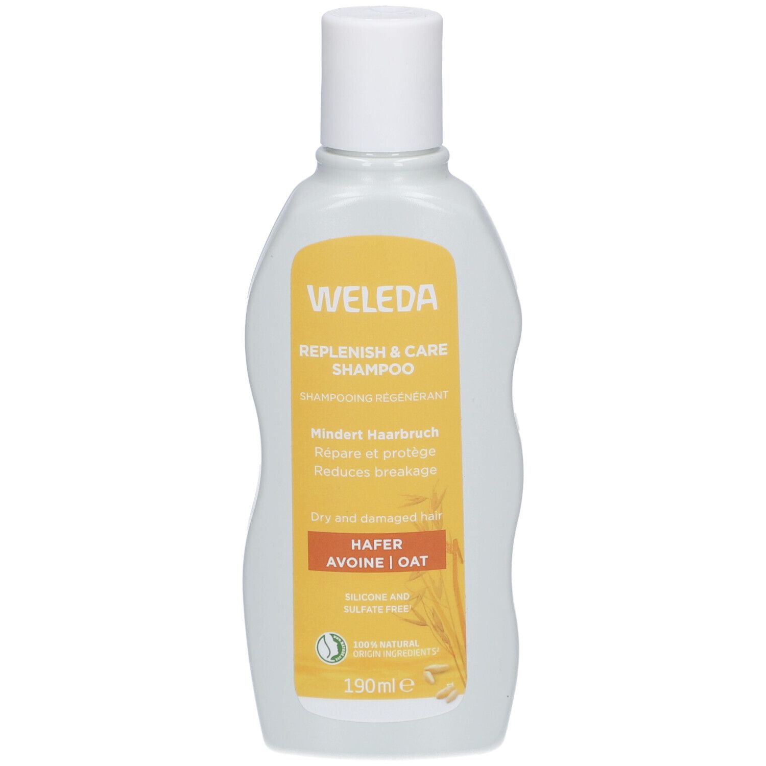 Weleda Hafer Aufbau Shampoo. Weiße Flasche mit gelbem Etikett. Text: Replenish & Care Shampoo, Hafer, 190ml.