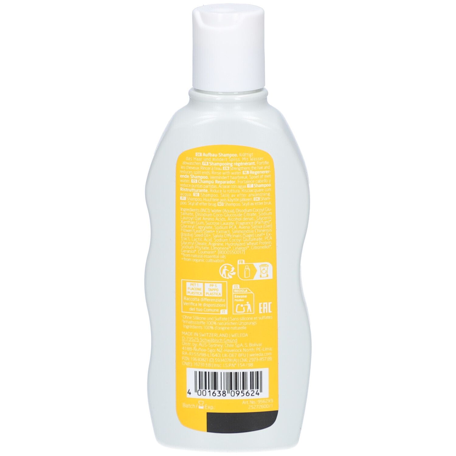 Rückseite der Weleda Hafer Aufbau Shampoo Flasche. Gelbes Etikett mit Text und Barcode. Informationen zur Inhaltsstoffe.