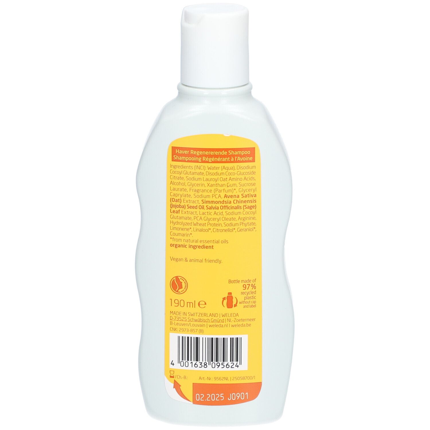 Rückseite der Weleda Hafer Aufbau Shampoo Flasche. Gelbes Etikett mit Inhaltsstoffen, vegan- und tierfreundlich.