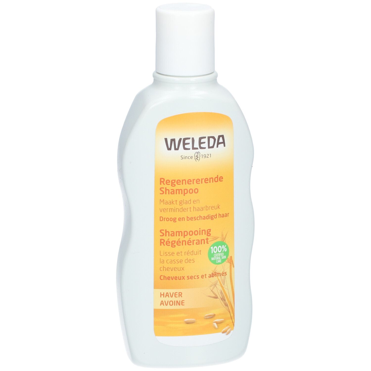 Weleda Regenerierendes Shampoo. Weiße Flasche mit gelbem Etikett. Text: Regenerierendes Shampoo, Hafer, 100% natürlich.