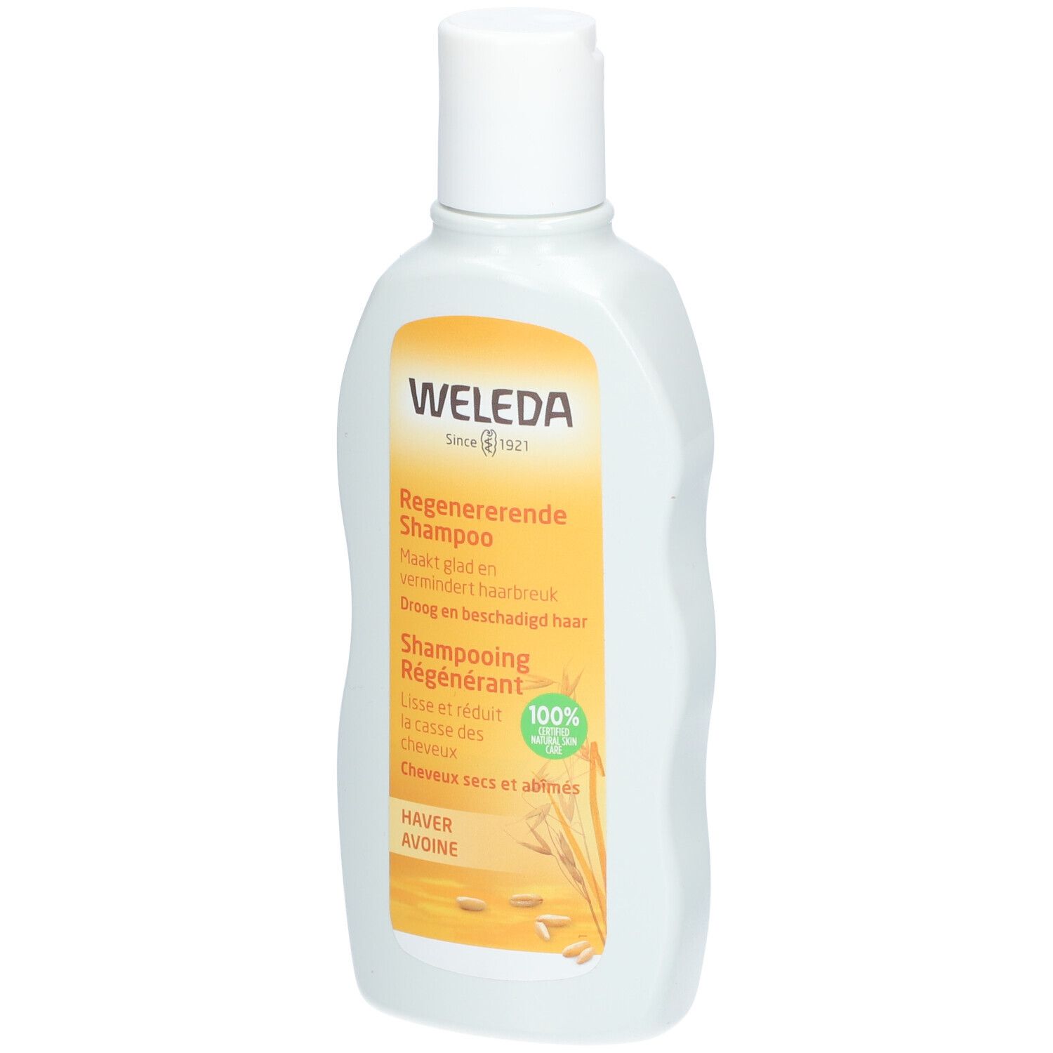 Weleda Regenerierendes Shampoo. Weiße Flasche mit gelbem Etikett. Text: Regenerierendes Shampoo, Hafer, 100% natürlich.
