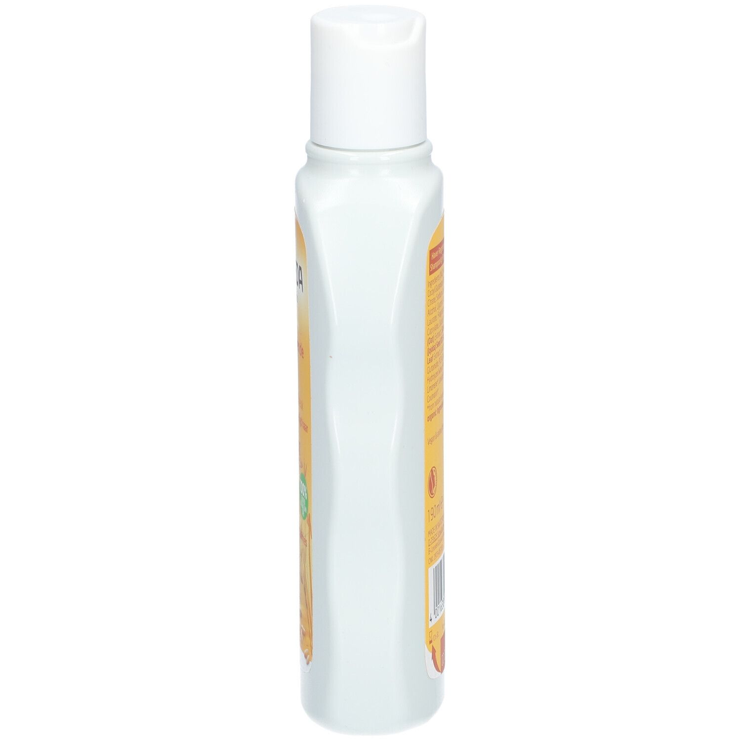 Seite der Weleda Hafer Aufbau Shampoo Flasche. Weiße Flasche mit gelbem Etikett. Text und Barcode.