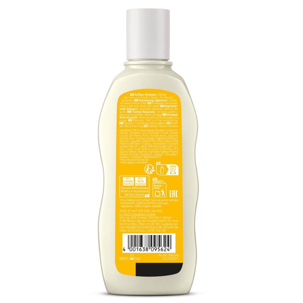 Rückseite der Weleda Shampoo-Flasche. Gelbes Etikett mit Text und Symbolen. Barcode unten.