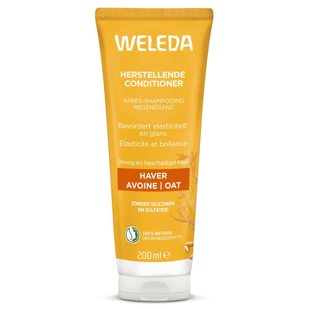 Gelbe Tube mit Produktnamen und Schriftzug WELEDA. Aufschrift: Herstellende Conditioner. Hafer-Avoine. 200 ml.