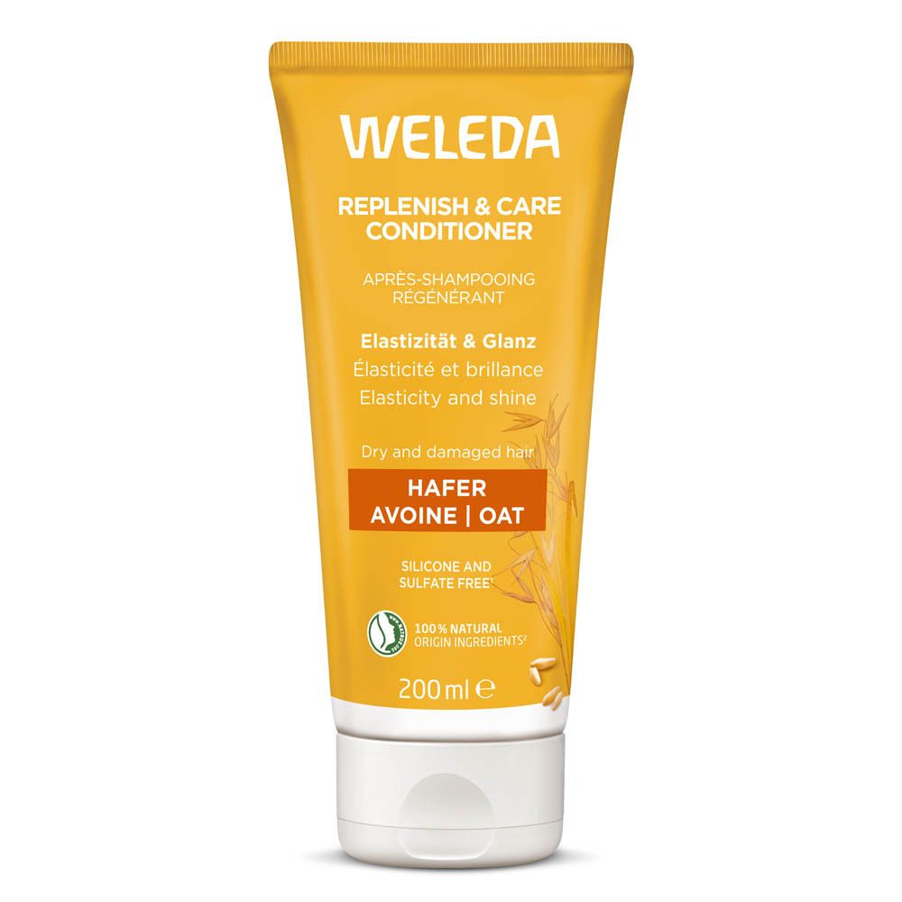 Tube jaune avec impression du produit. "WELEDA" en haut. Texte : "Replenish & Care Conditioner". Contient de l'avoine. 200 ml. Ingrédients 100% naturels.