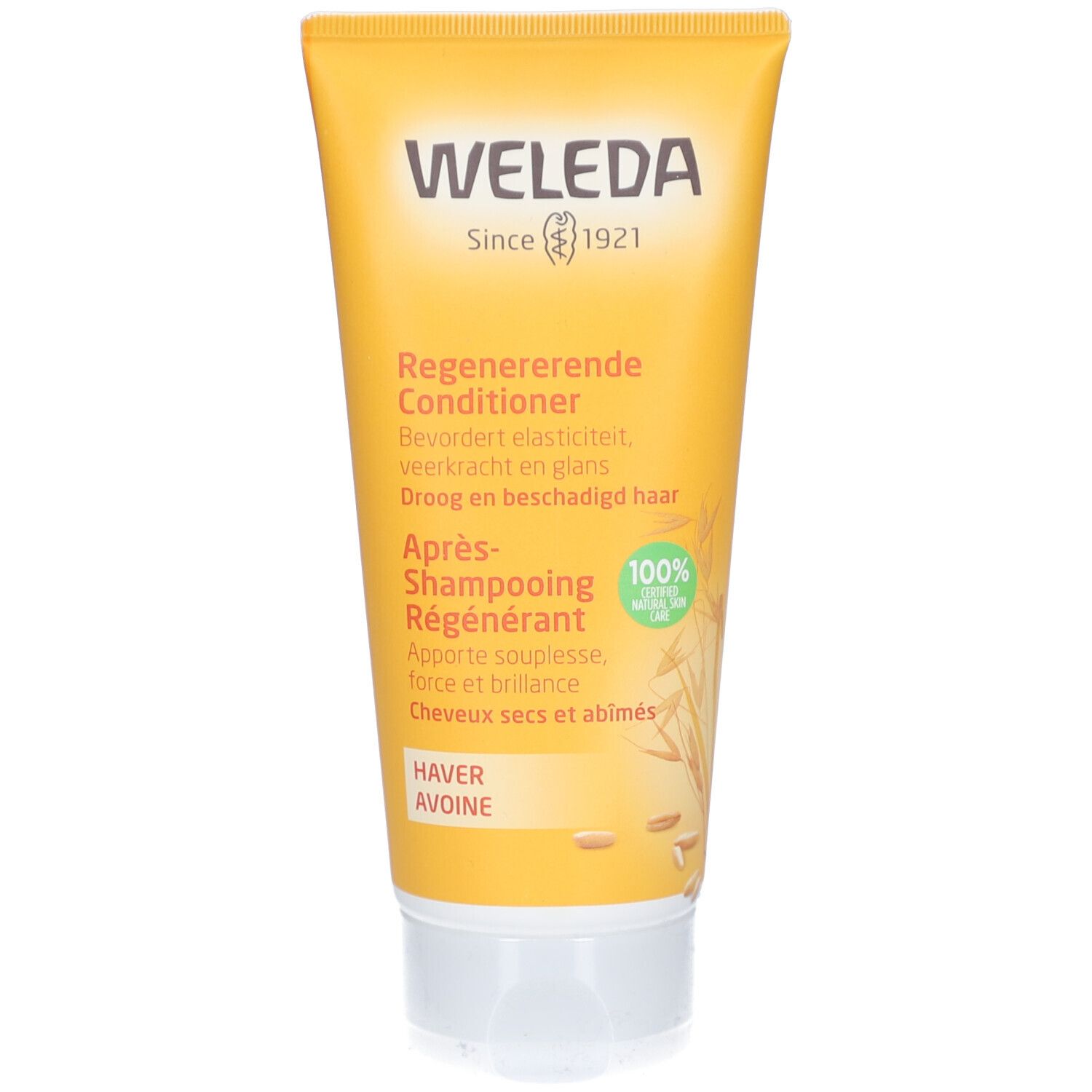Gelbe Tube mit Produktaufdruck. Oben steht "WELEDA". Text: "Regenerierende Conditioner". Enthält Hafer. 100% natürliche Inhaltsstoffe.