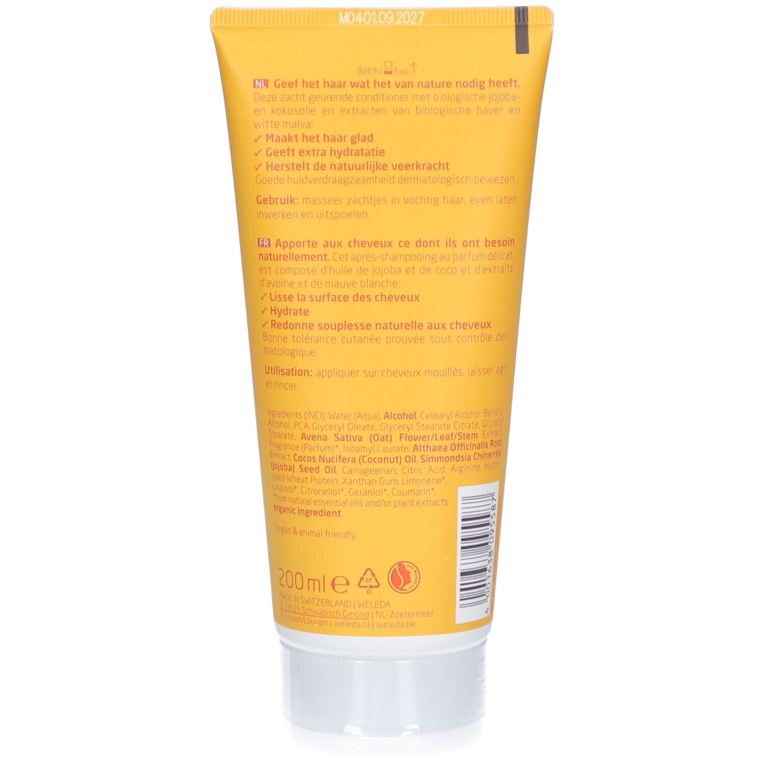 Rückseite einer gelben Tube. Text: "Gibt dem Haar, was es natürlich braucht". Enthält Inhaltsstoffe. 200 ml. Siegel: Vegan, Natrue.