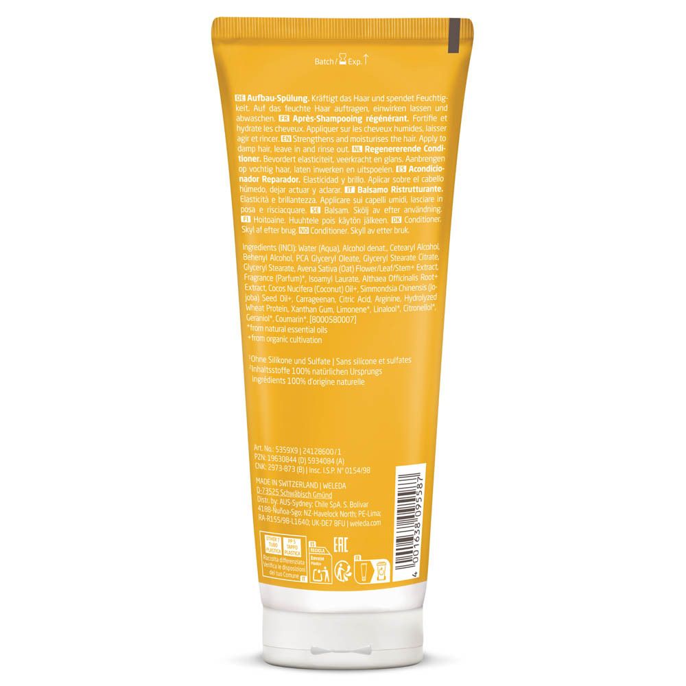 Rückseite einer gelben Tube. Text in mehreren Sprachen. Aufschrift: 200 ml. Mit Inhaltsstoffen und Zertifizierungen.