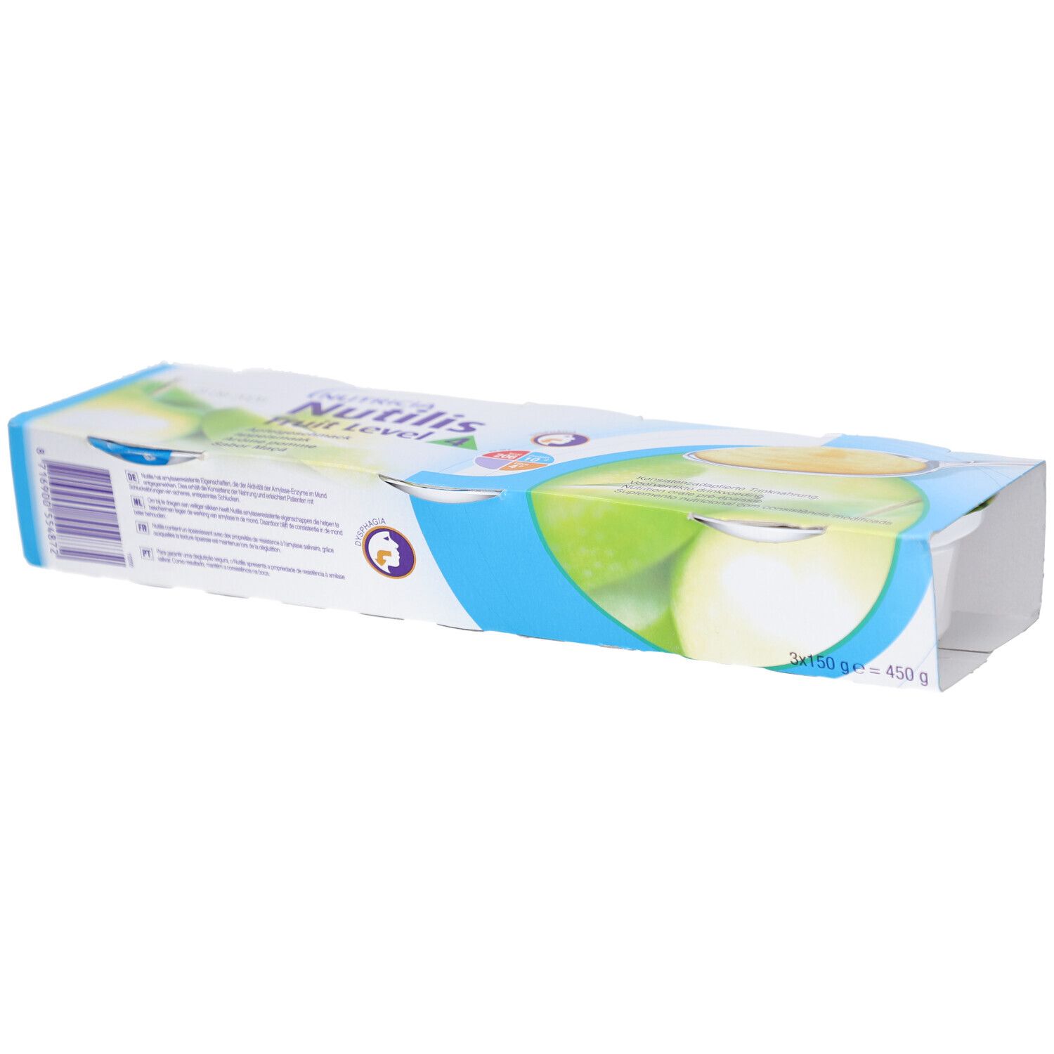 Verpackung von Nutricia Nutilis Fruit Level 3. Blaue und weiße Verpackung mit Apfel-Illustrationen.